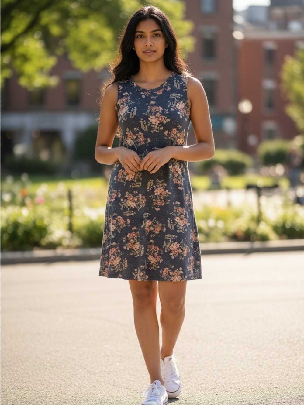 A. Byer Navy Floral Sleeveless Mini Dress with Peach Blooms